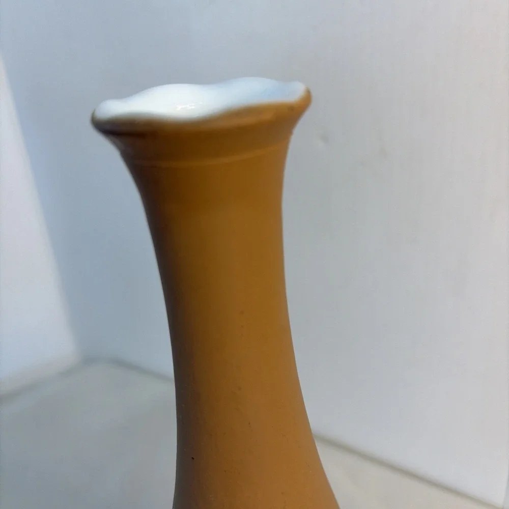 MCM Peach Cased Glass Vase '60's Satin Frosted Earthy w/Milk Glass Interior 9 In